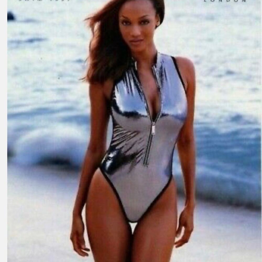 Speedo Vintage Women sparkling shiny Silver Swimsuit Tyra Banks Victorias Secret